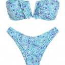 ZAFUL Women's Strapless Ribbed V Wired Lace Up Ruffle Tie High Cut Bandeau Swimsuits Bikini Set (Medium, Blue)