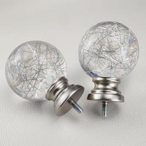 Decorative Curtain Rod Finials, Polyresin Round Silver Lines Clear Finials, Set of 2, Compatible with 1 inch or 1-1/8 inch Dia Curtain Rod, Standalone Finial Pair