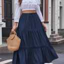 DJT Women's Boho Elegant Lace Trim Swing Tiered Maxi Skirt High Waisted Tie A Line Flowy Long Skirts with Pockets (Blue, L)