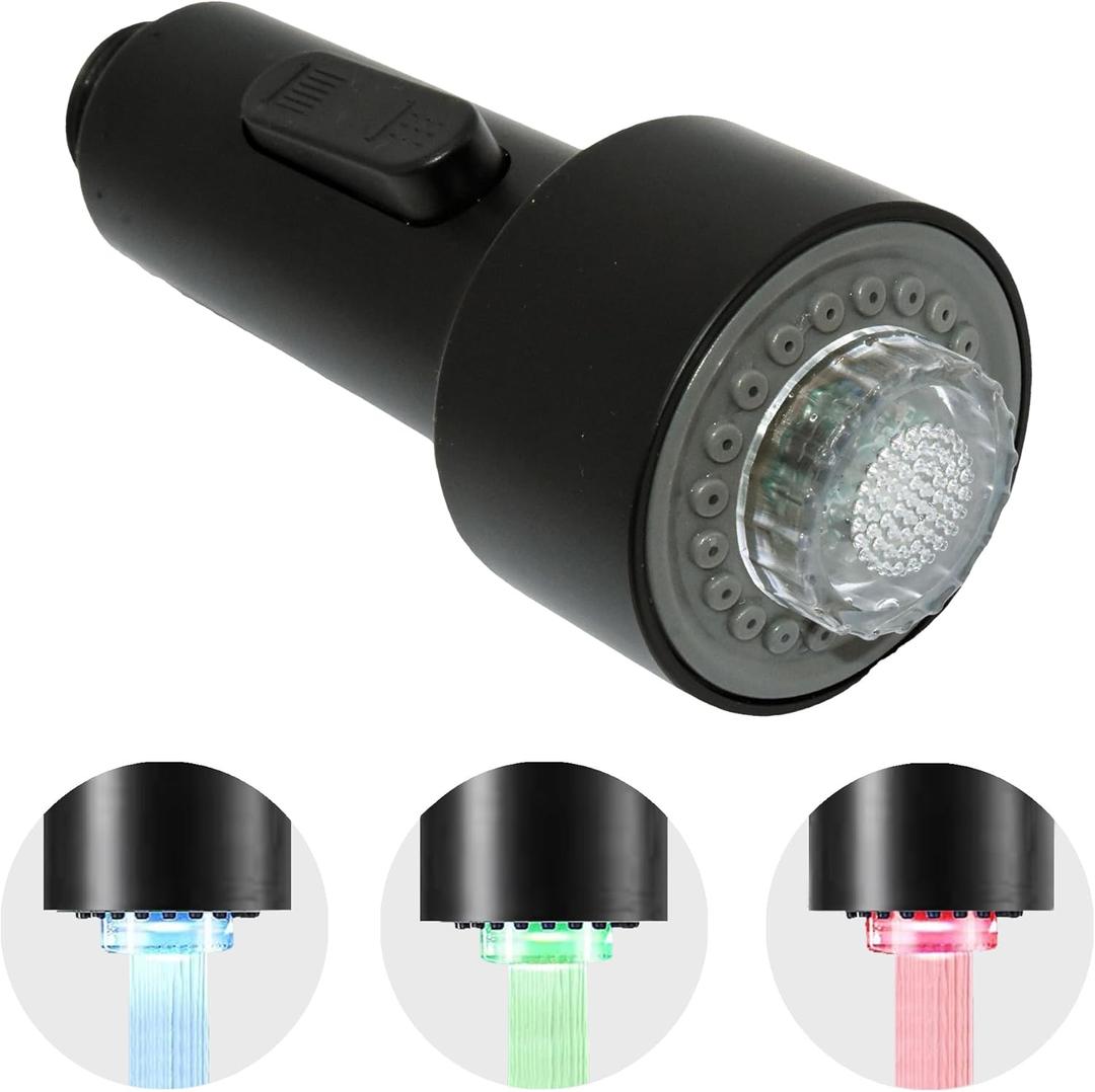 Kitchen Faucet Pull Down Spray Head with LED Lights 3-Function Sink Spray Nozzle Fit for Kitchen Sink Faucet Pull-Down Spring Single Handle Stainless Steel faucets (Matte black)