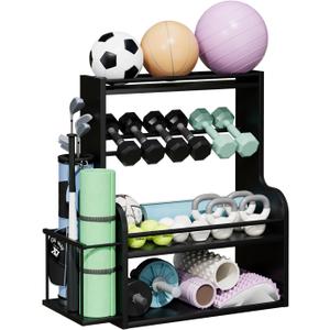 APRTAT Bamboo Dumbbell Rack, Adjustable Weight Rack for Home Gym, All-in-One Workout Equipment Storage for Dumbbells, Kettlebells, Yoga Mats & Balls（Black）