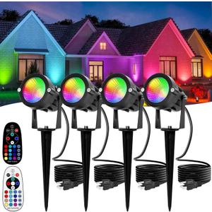 Halloween Decoration Outdoor: Spotlight RGBW with Remote Control 16 Color Changing LED Landscape Lighting Plug in 120V Waterproof Outdoor Spot Light for Yard Garden Patio Lawn Christmas Décor, 4 Pack