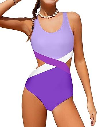 Girls Swimsuit One Piece Cutout Bathing Suit for Girls Cute Swimwear Color Block Beach Padded 7-16y (13-14 Years, Purple)