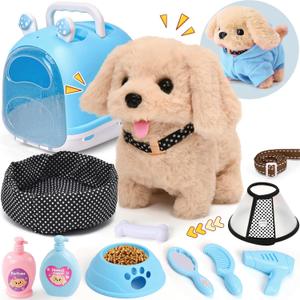 Cleboen 14pcs Robot Dog Toys for Kids Girls Boys 3-6, Realistic Electronic Interactive Plush Toy Dog with Walk & Bark, Pretend Play Puppy Pet Care Playset, 3 4 5 6 Year Old Girl Birthday Gift Ideas (Blue)