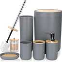 Otostar Grey Bathroom Accessories Set Bamboo Bathroom Set with Qtip Holder Soap Dispenser Toothbrush Holder Tumbler Soap Dish Toilet Brush Holder Trash Can Plastic Bath Set Housewarming Gift (Grey)