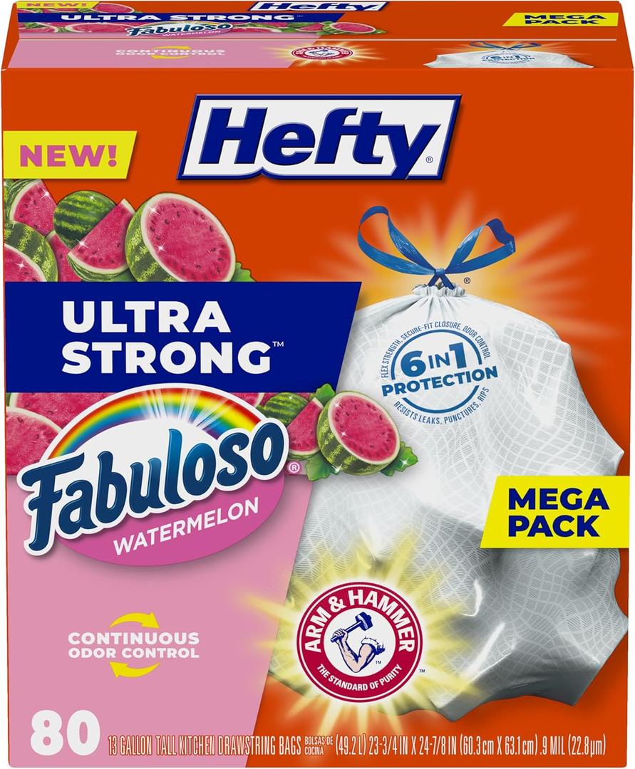 Hefty Ultra Strong 13 Gallon Trash Bags, Tall Kitchen Trash Bags 13 Gallon Size, Resist Leaks, Punctures, and Rips, Continuous Odor Control, White, Fabuloso Watermelon Scent, 80 Bags