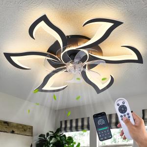 Modern Ceiling Fan With Light and Remote, 32 Inch Black Low Profile Flush Mount With 3 Light Colors, 6 Speeds, Fandelier for Kitchen Bedroom