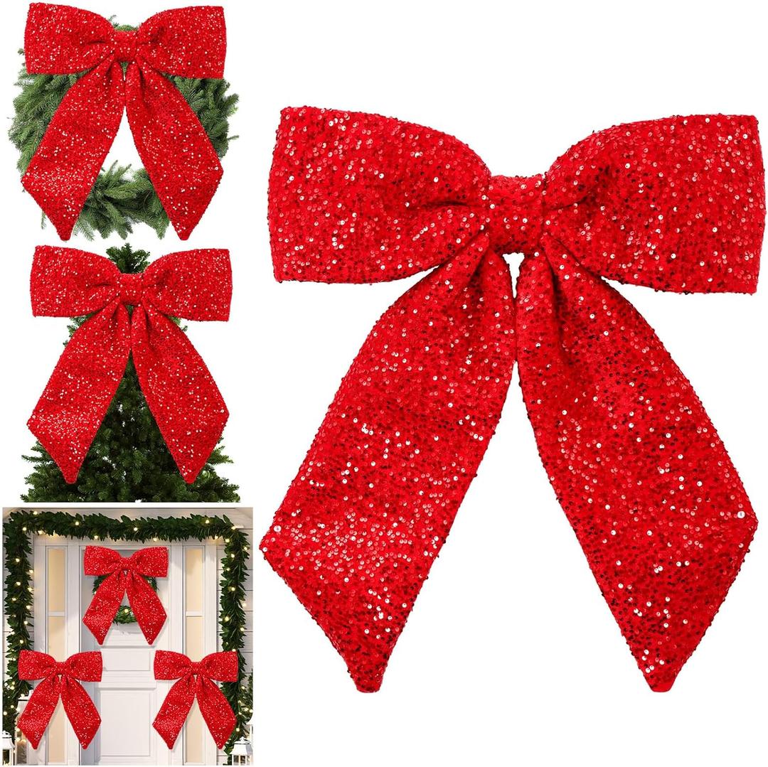 Hungdao 23.6 Inch Large Velvet Sequin Christmas Bow Outdoor Decorations Fabric Christmas Bows with Stuffed for Wreaths Garland Tree Topper Stairs, Railing, Porch(Red Color)