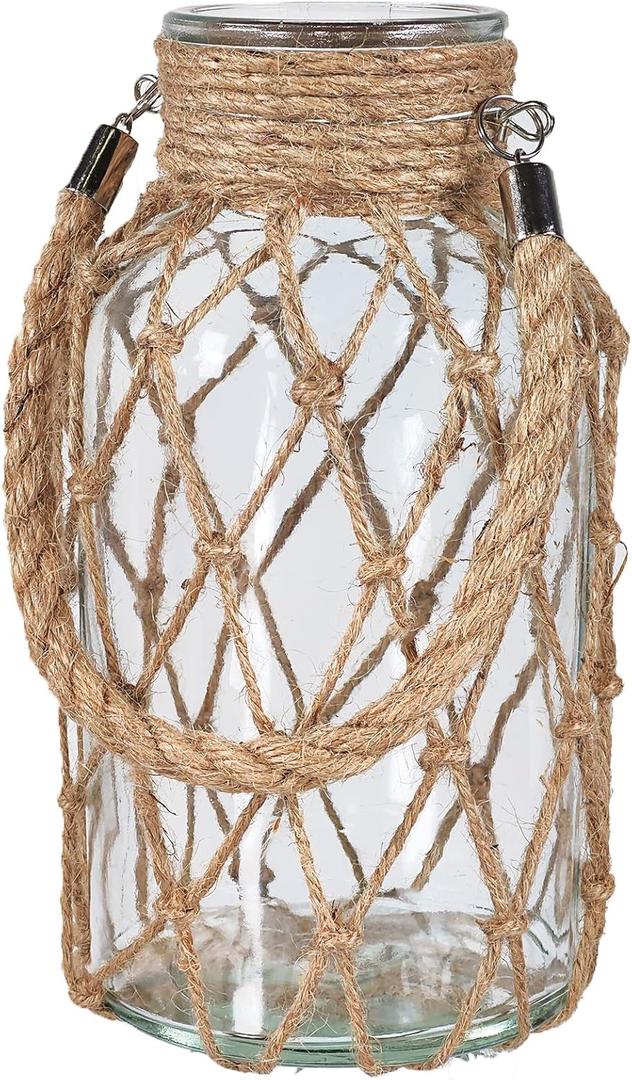Pampas Grass Vase, Boho Home Decor for Bedroom/Living Room/Coffee Table/Entryway/Office/House, Fall Farmhouse Decor, Glass Vase with Hand-Woven Hemp Rope, Room Decor Aesthetic, Modern Home
