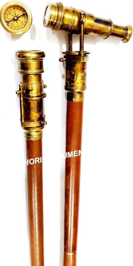 Nautical Brown Wooden Walking Stick Spy Antique Telescope Compass Handle Canes Rustic Vintage Home Decor Gifts