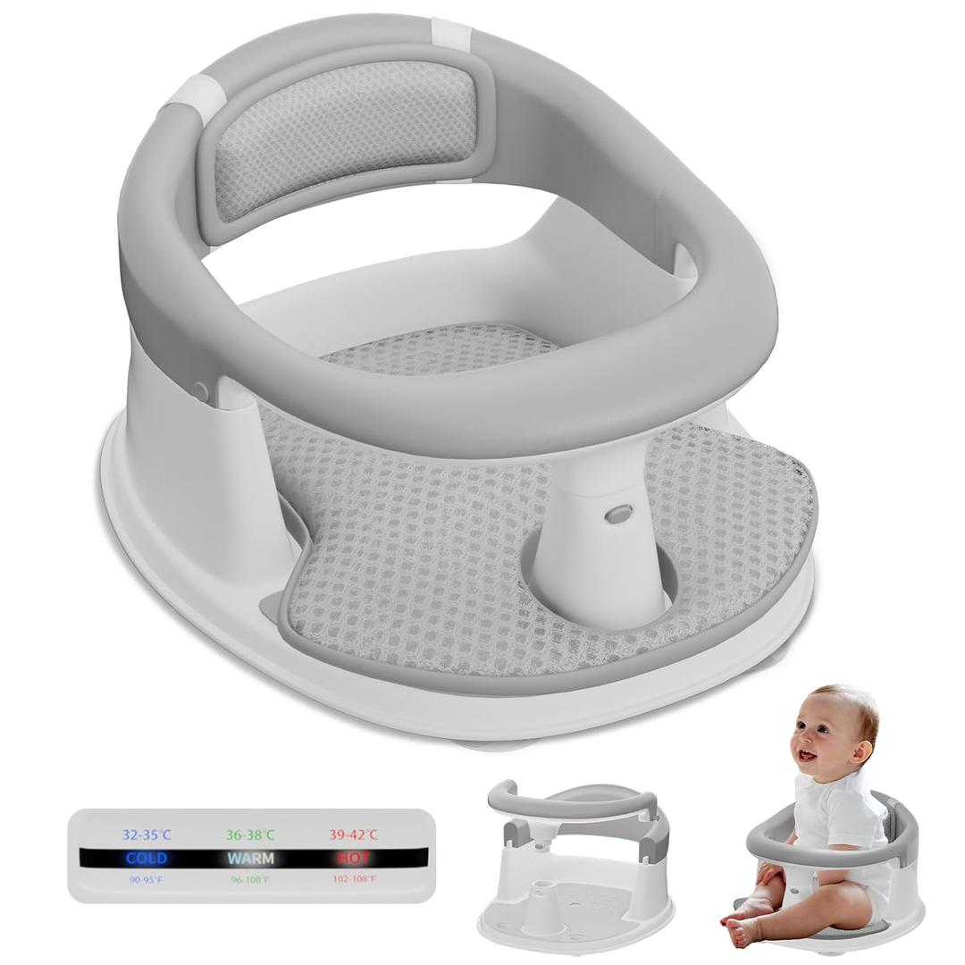 Baby Bath Seat-for Babies 6 Months & up with Temperature Alert+Soft Cushion+Suction, Toddler Bath Seat for Baby, Sitting Up with Baby Bathtub Seat, Grey