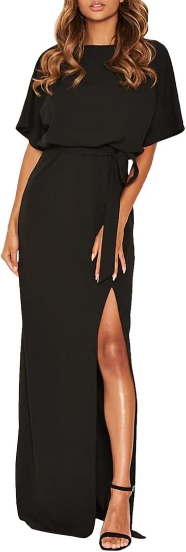 Happy Sailed Womens Formal Dress Batwing Sleeve Waist Belted High Slit Long Maxi Party Dresses Evening Gown (Small, Black)