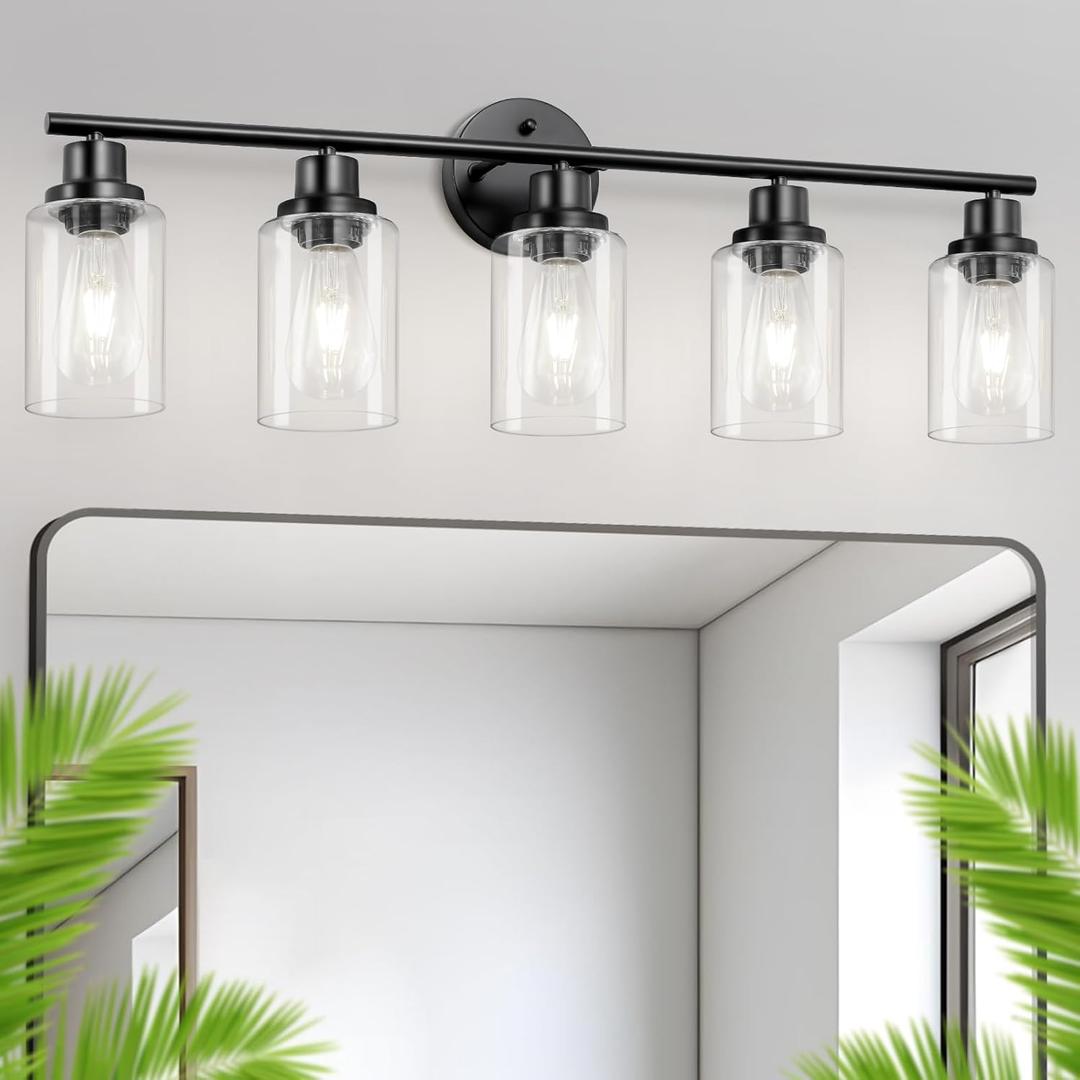 5-Light Black Bathroom Vanity Lights, E26 Modern Bathroom Light Fixtures with Clear Glass Shade, Mirror Kitchen Hallway Cabinet Living Room Sconces Wall Lights