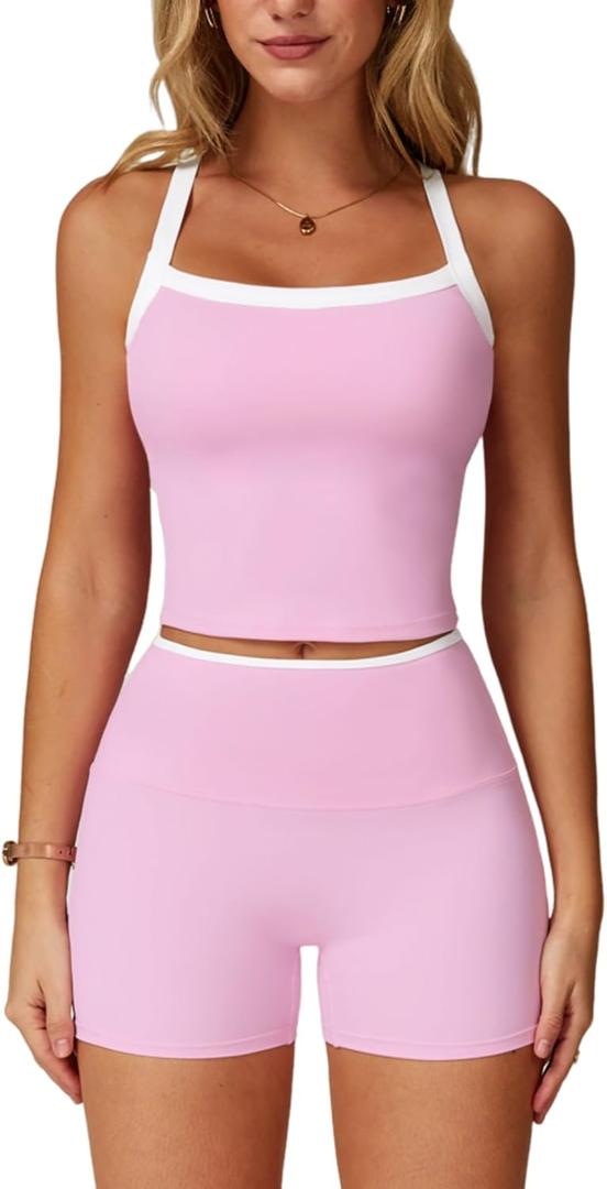 QBGJTD Two Piece Workout Sets For Women Tank Top Matching High Waist Booty Lifting Shorts Gym Yoga Active Wear Outfits, Small