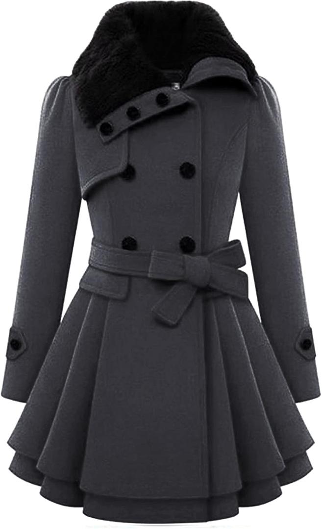 Zeagoo Women's Fashion Faux Fur Lapel Double-Breasted Thick Wool Trench Coat Winter Warm Jacket S (New_deep Grey)