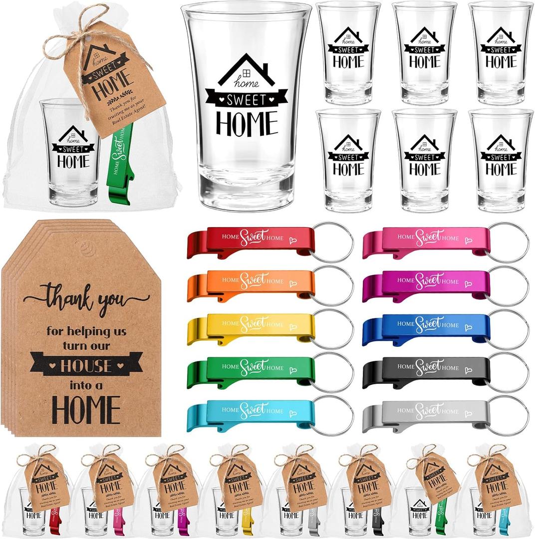 Roshtia 40 Sets Housewarming Party Favors for Guests Bottle Opener Keychains Bulk with Short Glasses for New Home Gifts Souvenirs (Glass)