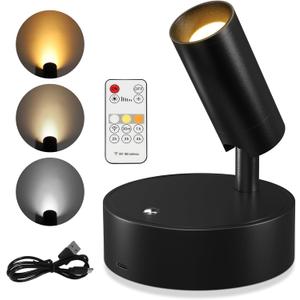 Wireless Led Spotlight Indoor, Rechargeable Uplighting Indoor with Remote Dimmable, 350 Rotate, Battery Powered Ceiling Spotlight for Artwork Painting Tree Plant Picture Lights (1 Pack, Black)