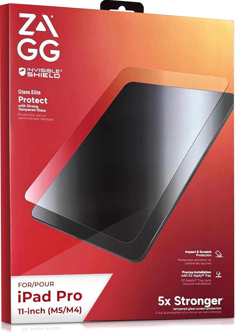 ZAGG Glass Elite Screen Protector for iPad Pro 11 Inch M5/M4 (2025/2024)  5X Stronger Tempered Glass, Anti-Scratch, Smudge-Resistant, Case-Friendly, Easy Application, HD Clarity