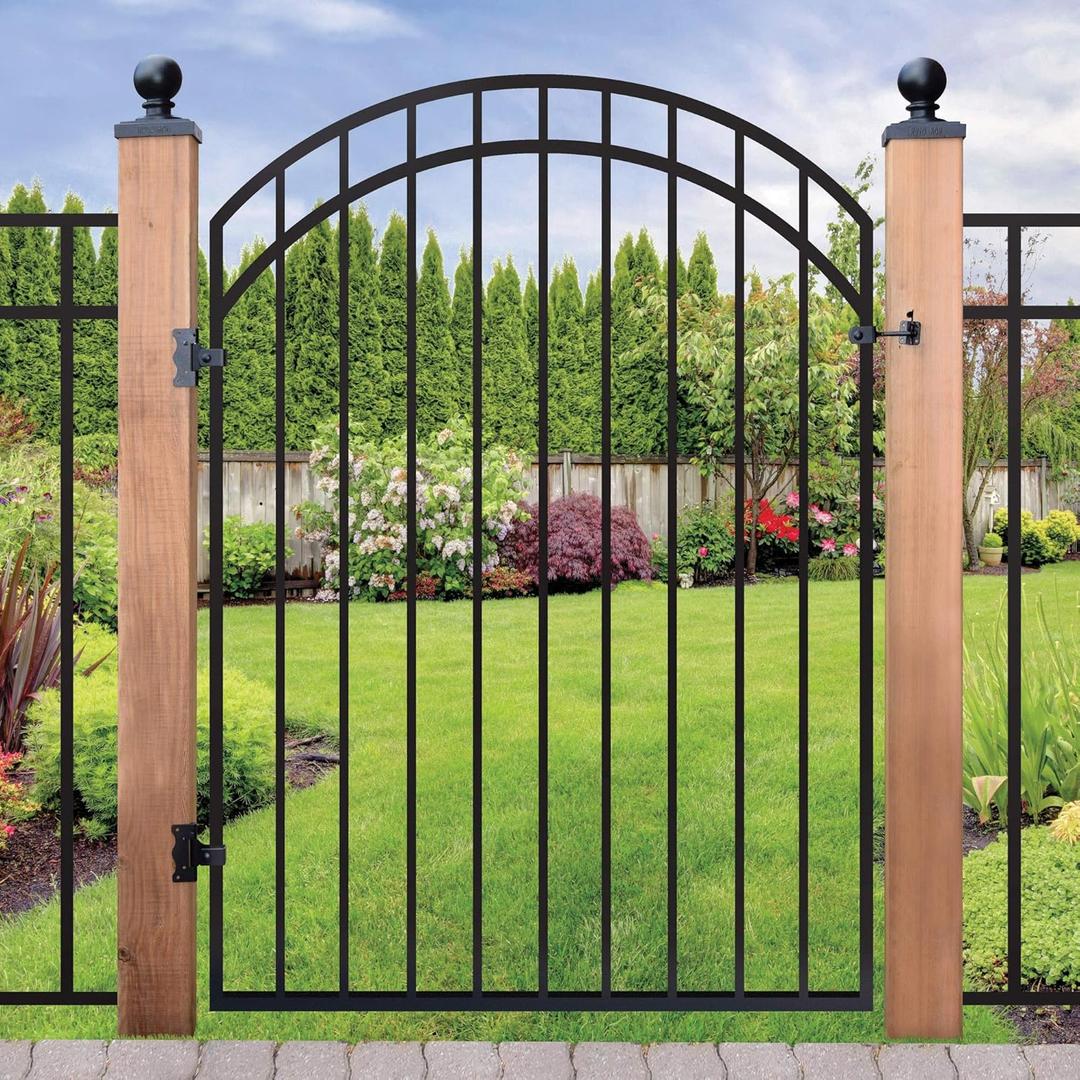 Nuvo Iron Elegantly Crafted 45-In W x 68-In H Ornamental Iron Passage Gate with Double Arched-Top Rail and Smooth Finished  Pre-assembled with Self-Closing Hardware, Black