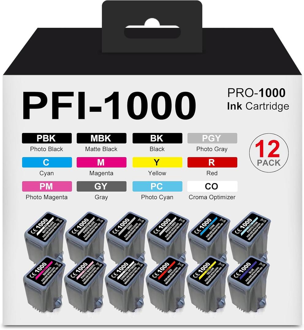 PFI-1000 Ink Cartridges Replacement for Canon PFI 1000 12 Color Pack Compatible for Canon imagePROGRAF PRO-1000 Printer Ink, 80ml Pigment Ink (MBK PBK C M Y R GY B PG PC PM CO)