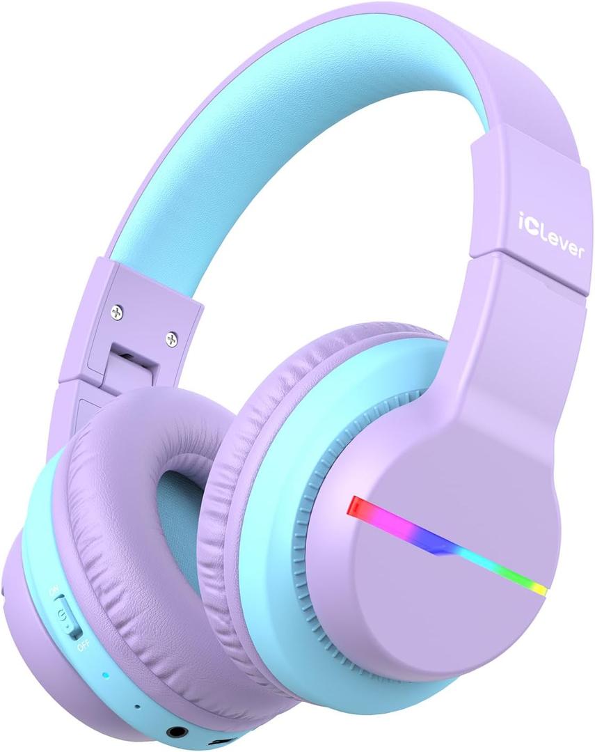 iClever BTH12 Kids Bluetooth Headphones,Colorful LED Lights Kids Headphones Wireless,74/85dBA Safe Volume,85H Playtime,Fast Charging,Bluetooth 5.2,Over Ear,Built-in Mic for iPad/Tablet/Airplane,Purple
