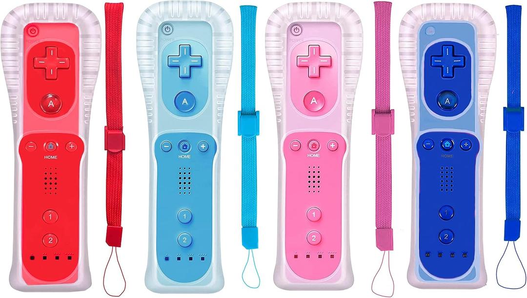 4 Packs Classic Remote Controller Compatible for Wii Wii U Console, Gamepad with Soft Silicone Sleeve and Wrist Strap (Red+Blue+Pink+Dark Blue)