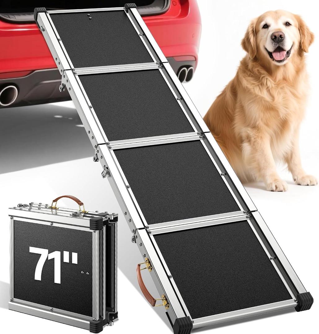 71" Aluminum Alloy Dog Ramp for Car SUV Truck Side Door, Foldable Outdoor Pet Ramp with Heavy Duty Steel Hinges, Non-Slip Traction Surface, Sturdy Ramp for Large Dogs Up to 200 LBS