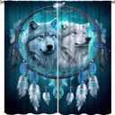 Wolf Blackout Curtains for Bedroom,Mystery Dream Wonderland Blue and White Feather Dreamcatcher Totem Wolves Wildlife Window Drapes Print for Boys Girls Juvenile Room Living Room Bathroom 42x63in