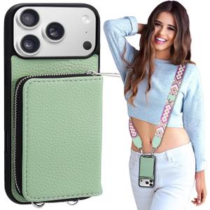 XANGNIER Wallet Case for iPhone 17 Pro Max with Strap, RFID Blocking PU Leather Crossbody Phone Purse with Card Holder, Zipper Pocket, Wrist Strap & Adjustable Lanyard for Women 6.9" 5G,Green