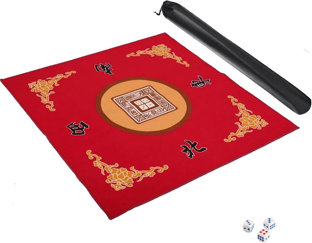 Mahjong Mat with 3 Dice, Anti Slip and Noise Reduction Table Cover for Mahjong, Poker, Card, Board & Tile Games (Red, 31.5 inches)