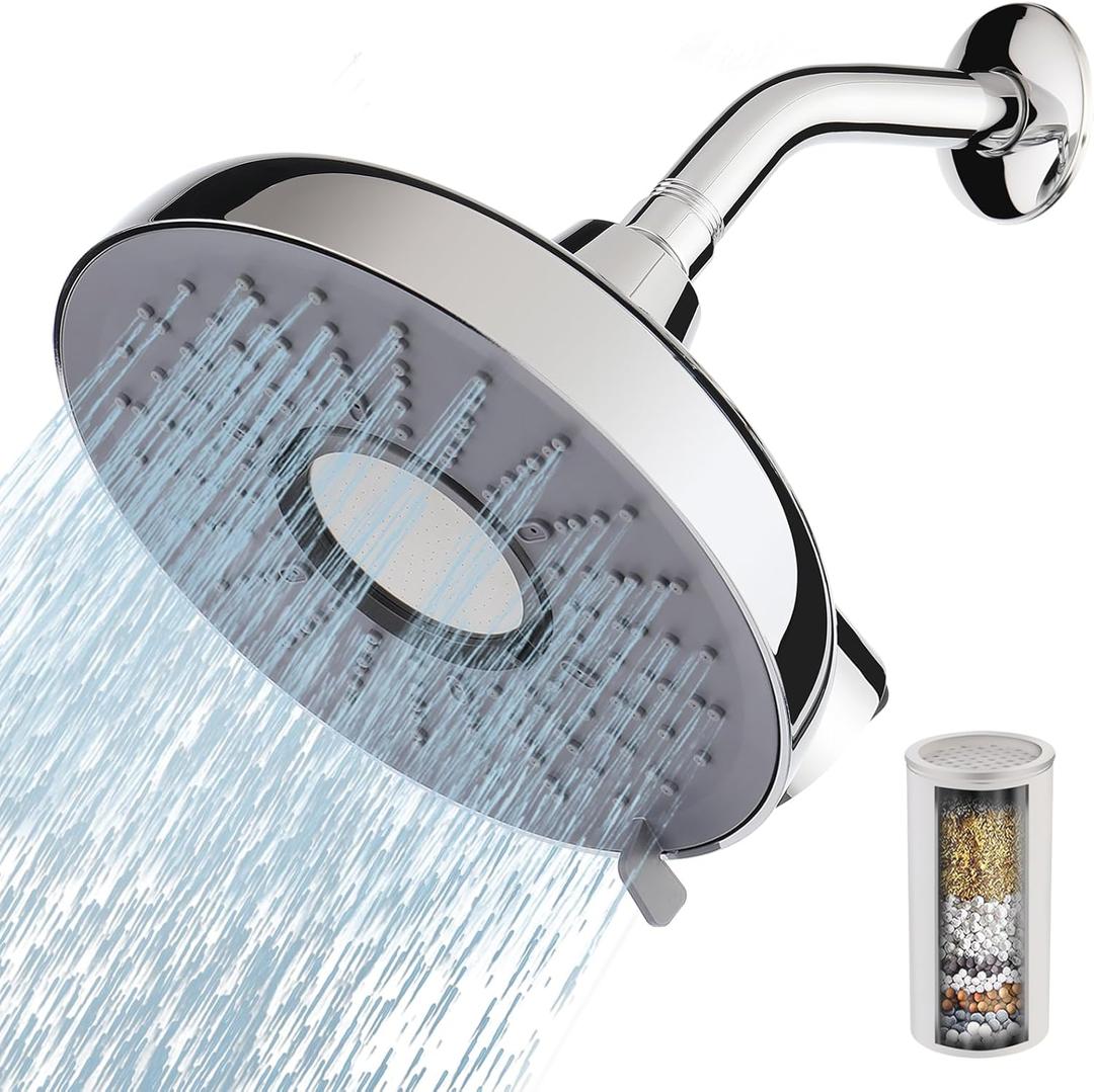 Filtered Shower Head, 8 Inch High Pressure Rainfall Showerhead and 15 Stage Shower Filter Combo for Hard Water, 360 Adjustable Swivel, 3 Spray Modes (Chrome)