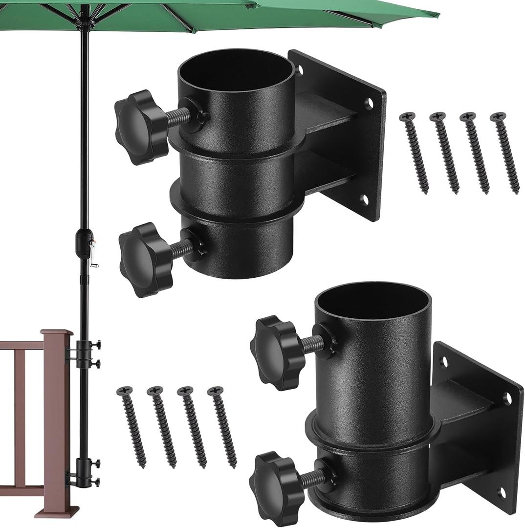 Deck Umbrella Mount, Heavy Duty Patio Umbrella Holder 2PCSOutdoor Umbrella Stands,(Fit Max OD 2 inch) Deck Umbrella Bracket Corner Umbrella Clamp for Deck Railing (Flat Mount)