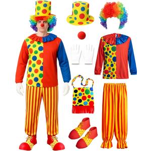 8 Piece Adult Clown Costume Set with Wig, Hat, Nose, Gloves, Shoes, Bag for Halloween Parties (X-Large)