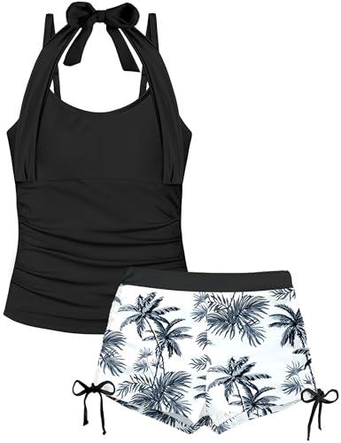 TALLWH Girls Swimsuits Size 14-16 Girl Swimsuit Teen Bathing Suits for Girls 14-16 Halterneck Girls Swimsuit with Printed Shorts Two Piece Girls Tankini Swimsuits Size 14-16 Girls' Swimwear Black