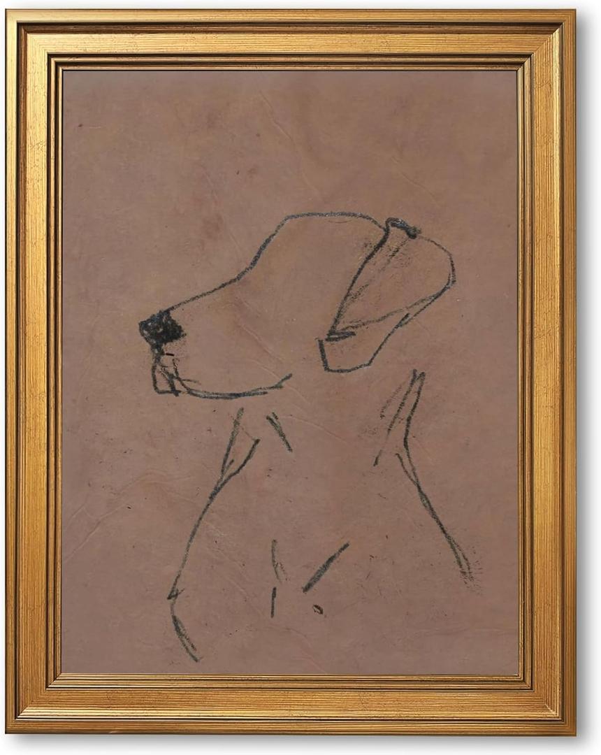 Gold Framed Minimalist Dog Sketch Wall Art Painting Neutral Line Drawing Dog Portrait Print Modern Pet Lover Picture Poster Simple Aesthetic Canvas Artwork for Room Bedroom Office Home Decor 12x16inch