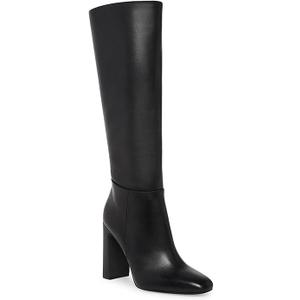 Coutgo Women's Chunky Heeled Knee High Boots Classic Leather Square Toe Zippered Tall Boot, Black, Size 7