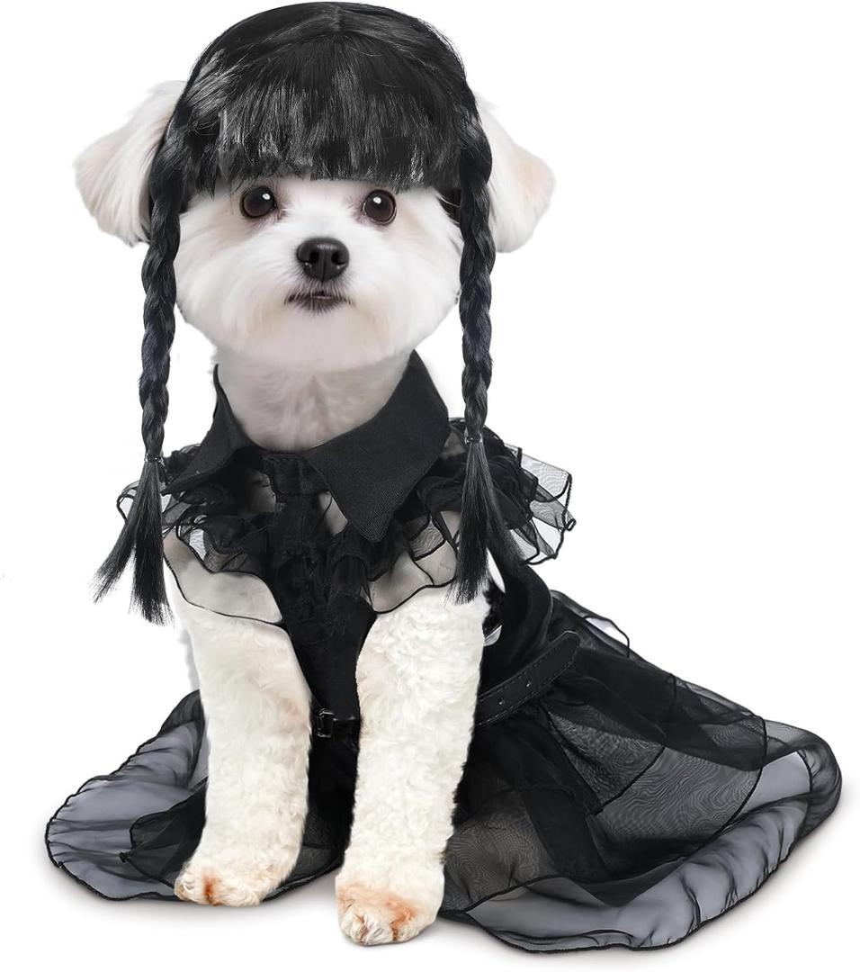 Coume 3 Pcs Halloween Dog Costumes for Dog with Belt and Wig Black Cute Pet Costume Dress for Puppy Dogs Cats Cosplay Halloween Birthday Party Outfit(M)