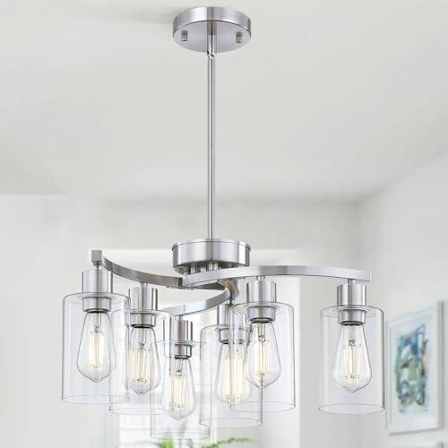 6-Light Modern Chandelier, Brushed Nickel Dining Room Light Fixture, Farmhouse Industrial Chandelier Hanging Over Table, Height Adjustable Pendant Lighting for Kitchen Island Foyer, Clear Glass Shade