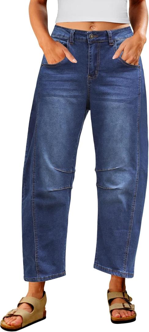 Utyful Barrel Jeans Women Cropped Baggy Trendy High Waisted Distressed Loose Stretch Denim Trouser Jeans with Pockets (Large, Classic Blue)