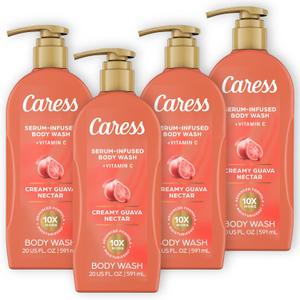 Caress Creamy Guava Nectar Moisturizing Body Wash with Pump, Serum-Infused Formula with Vitamin C, Fruity Citrus Woody Long Lasting Fragrance, Dermatologist Tested, 20 fl oz (4 Pack)