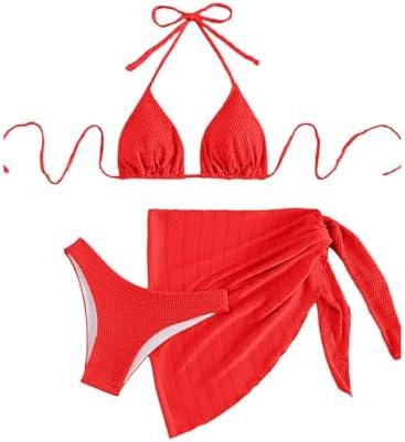 SHENHE Women's 3 Piece Textured High Cut Halter Triangle Bikini Swimsuit with Cover Up, XS
