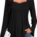 Umenlele Women's Pleated Front Sweetheart Neck Long Sleeve Casual Loose Tunic Tops Blouse Pink Small (S)