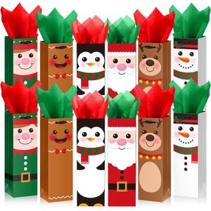 12 Pack Christmas Wine Gift Bags with Tissue Papers Xmas Wine Wrapping Bags Paper Buffalo Plaid Bottle Gift Tote with Handles Tissue Papers for Christmas New Year Wedding Decor (Multicolor, Santa)