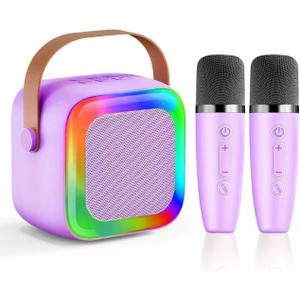 Mini Karaoke Machine for Kids Teen Adults, Kids Karaoke Machine with 2 Wireless Microphones and LED Lights Toys for Party, Home, Gifts for 4 5 6 7 8 9 10 11 12+ Years Girls Boys(Purple)
