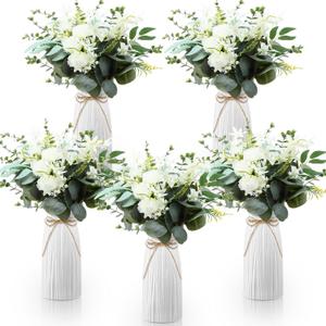 Giegxin 5 Sets Fake Flowers in Vase Wedding Centerpieces for Tables, Faux Eucalyptus Bouquets Floral Arrangements for Bridal Shower, Mother's Day, Holiday Party Event Home Office Decor