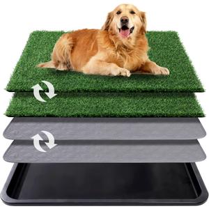 Dog Grass Pad with Tray, 35x23in Dogs Potty Tray with 2-Pack Replacement Artificial Grass and 2 Washable Reusable Pee Pads ,Dog Litter Box for Pet Training,Indoor Portable Pottys Pet Toilet