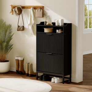 Garvee Narrow Shoe Cabinet Storage for Entryway, Modern Fluted Shoe Rack Organizer with 2 Flip Drawers and an Open Shelf for Hallway, Living Room, Black