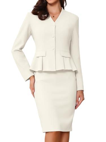 Allegra K 2 Piece Skirt Sets for Women Long Sleeve Blazer and Pencil Skirt Business Suits Cream White (Skirt Is Small And Jacket Is Large)