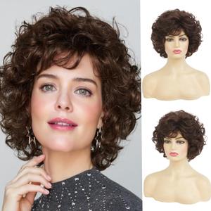 Short Brown Curly Wig with Bangs Wigs for Women Brown Bob Curly Shaggy Synthetic Full Natural Looking Daily Paty Wig