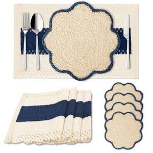 Stylave 4pc Sunflower Rattan Placemat Set, Woven Boho Table Mats, Blue